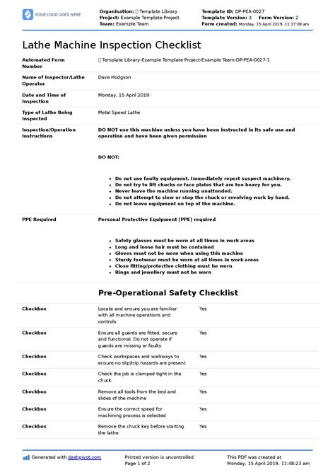 lathe machine preventive maintenance checklist